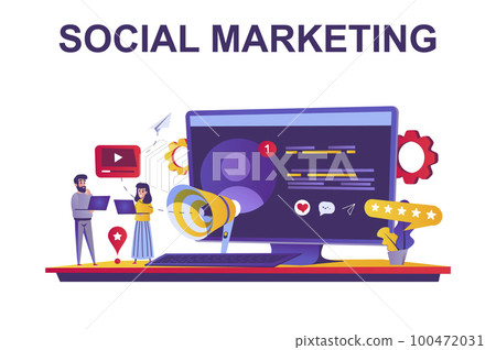 Social marketing web concept in flat style. People promoting business on social networks, attract new buyers, clients communication scene. Vector illustration of cartoon characters for website design 100472031