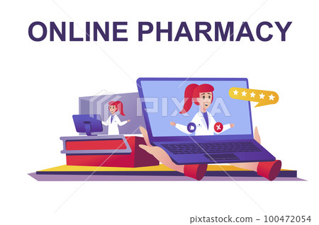 Online pharmacy web concept in flat style. Pharmacist advising patient remotely, buys medicines at drugstore from internet scene. Vector illustration of cartoon people characters for website design 100472054
