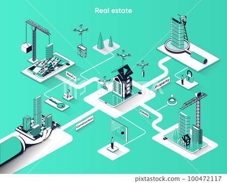 Real estate isometric web banner. Construction property company flat isometry concept. Building skyscrapers and residential houses 3d scene design. Vector illustration with tiny people characters Real estate isometric web banner. Construction property company flat isometry concept. Building skyscrapers and residential houses 3d scene design. Vector illustration with tiny people characters 100472117