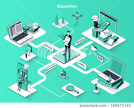 Education isometric web banner. University degree or professional development flat isometry concept. Online studying, courses learning 3d scene design. Vector illustration with tiny people characters 100472143