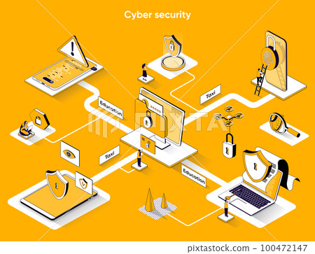 Cyber security isometric web banner. Protect personal data 3d scene design. Modern identification technologies, password access flat isometry concept. Vector illustration with tiny people characters 100472147