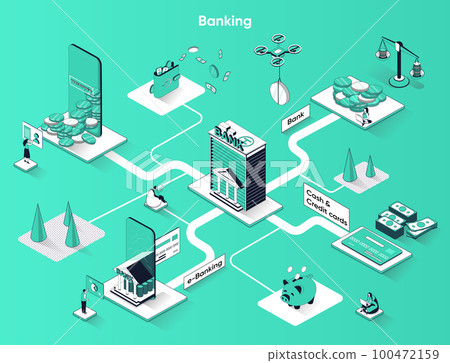 Banking services isometric web banner. Digital wallet, e-banking, cash and credit cards flat isometry concept. Financial transactions 3d scene design. Vector illustration with tiny people characters Banking services isometric web banner. Digital wallet, e-banking, cash and credit cards flat isometry concept. Financial transactions 3d scene design. Vector illustration with tiny people characters 100472159