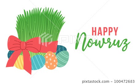 Happy Nowruz vector with green wheat grass Sabzeh Semeni Samani. Suitable for greeting card, poster and banner.  100472683