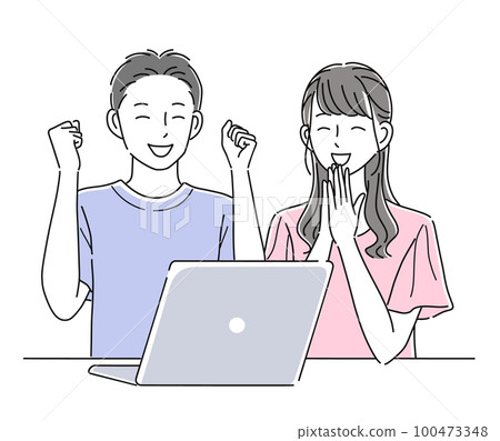 Illustration material of men and women who are happy in front of a laptop 100473348