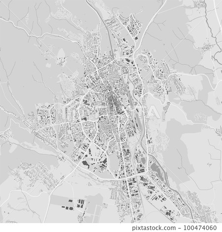 Urban city map of Kosice. Vector poster. Black grayscale black and white road map. road map image with roads, metropolitan city area view. 100474060