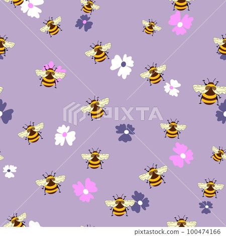 Seamless pattern with bees on floral background. Small wasp. Vector illustration. Adorable cartoon character. Template design for invitation, cards, textile, fabric. Doodle style 100474166