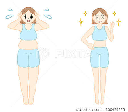 Woman on a diet before and after illustration Woman on a diet before and after illustration 100474323