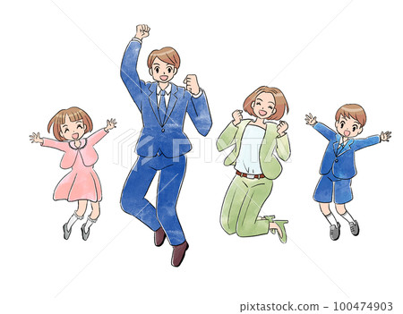 一家四口歡笑跳躍,春季正式入學,新生活 一家四口歡笑跳躍,春季正式入學,新生活 100474903