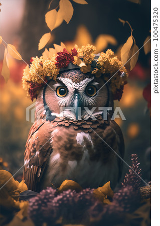 A beautiful brown owl in a wreath of yellow flowers and leaves, sitting in nature A beautiful brown owl in a wreath of yellow flowers and leaves, sitting in nature 100475320