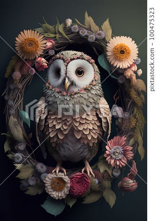 A owl sitting in big wreath of flowers and branches 100475323