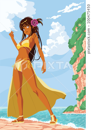 Coast bay and anime bikini girl at the day 100475450