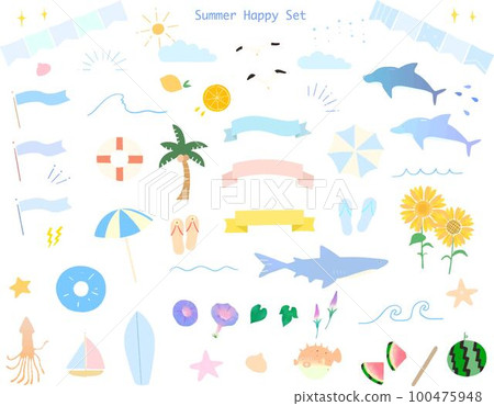 夏日配飾-手繪粉彩插畫套裝可愛框標題矢量素材 夏日配飾-手繪粉彩插畫套裝可愛框標題矢量素材 100475948