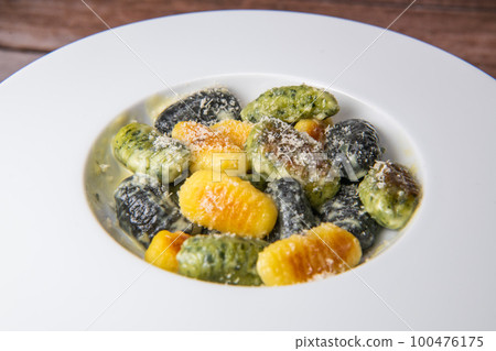 Multicoloured Gnocci potato peru italian food, Homemade 100476175