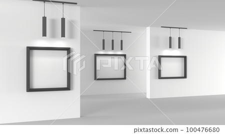 Empty art gallery with blank picture frames illuminated by spotlights 3d render. Interior of museum or studio room with white posters in black borders and lamps for artwork exhibition. 3D illustration 100476680