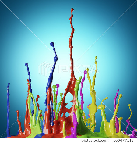 Colored paint splashes on blue background Colored paint splashes on blue background 100477113