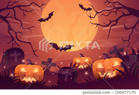 Halloween background design vector with glowing pumpkin and dark night landscape of graveyard under the moonlight. Halloween background design vector with glowing pumpkin and dark night landscape of graveyard under the moonlight. 100477170