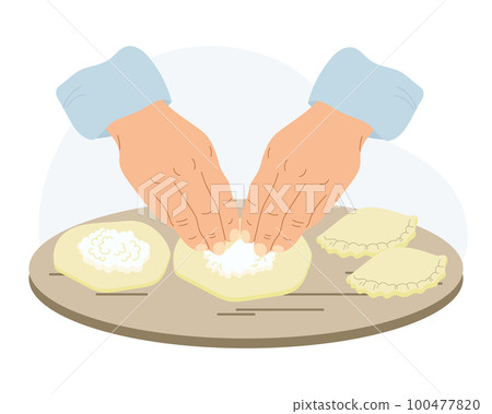 The work of a cook in the kitchen. Illustration of hands with dough. Hands mold pies, dumplings. Food illustration, vector. The work of a cook in the kitchen. Illustration of hands with dough. Hands mold pies, dumplings. Food illustration, vector. 100477820
