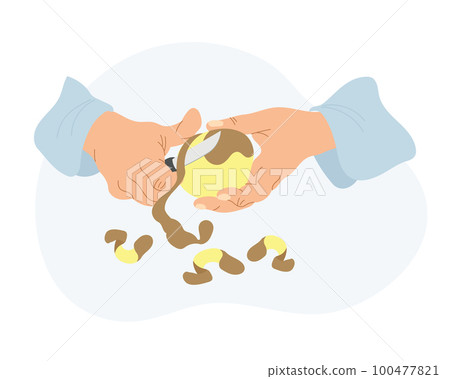 The work of a cook in the kitchen. Illustration of hands peeling potatoes. Food illustration, vector. The work of a cook in the kitchen. Illustration of hands peeling potatoes. Food illustration, vector. 100477821