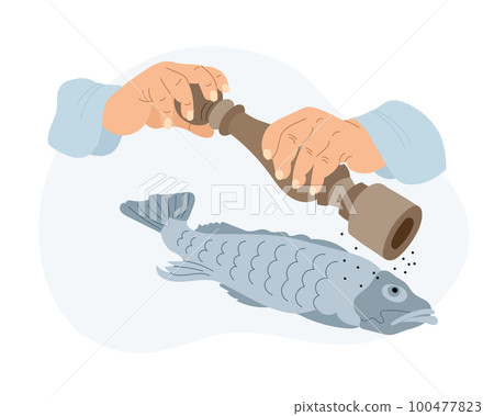 The work of a cook in the kitchen. Illustration of hands pouring black pepper into the fish. Food illustration, vector. The work of a cook in the kitchen. Illustration of hands pouring black pepper into the fish. Food illustration, vector. 100477823