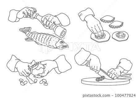 Work in the kitchen, a set of contour drawings. Hands peel potatoes, cut onions, cook fish, make pies. Food illustration, sketch, vector. Work in the kitchen, a set of contour drawings. Hands peel potatoes, cut onions, cook fish, make pies. Food illustration, sketch, vector. 100477824