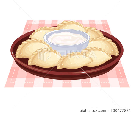 Vareniki with sour cream in a bowl. Ukrainian national cuisine. Food illustration, vector. 100477825