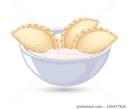 Vareniki with sour cream in a bowl. Ukrainian national cuisine. Food illustration, vector. Vareniki with sour cream in a bowl. Ukrainian national cuisine. Food illustration, vector. 100477826