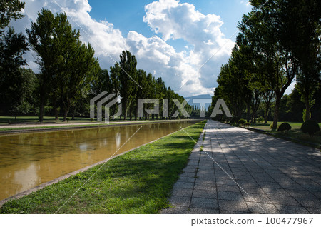 Row of poplar trees and blue sky reflection in Maeda Park Row of poplar trees and blue sky reflection in Maeda Park 100477967
