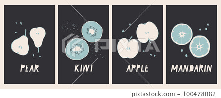 Quadriptych of posters with cut fruits. Decorative apple, kiwi, pear and tangerine on a black background. Vector trendy illustration. 100478082