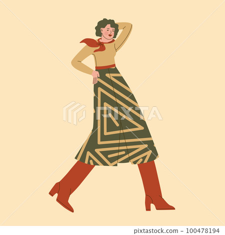 Fashion and style of the 70s. Cute young woman in a long skirt and high boots with a scarf around her neck. Vector trendy illustration. Fashion and style of the 70s. Cute young woman in a long skirt and high boots with a scarf around her neck. Vector trendy illustration. 100478194