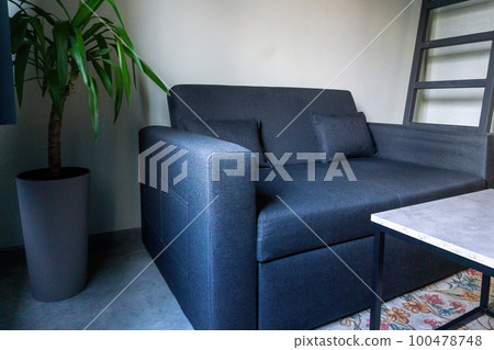 A small modern blue and gray sofa, next to a palm tree in a tub and a small loft-style table A small modern blue and gray sofa, next to a palm tree in a tub and a small loft-style table 100478748