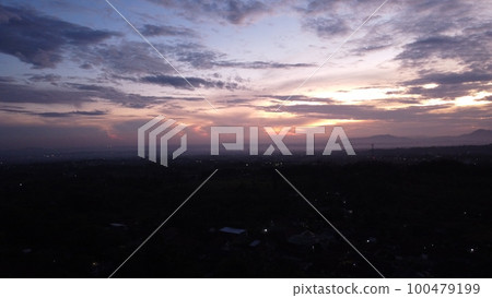 Drone photos of natural sun rising misty 100479199