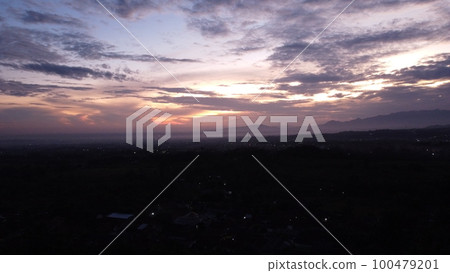 Drone photos of natural sun rising misty 100479201