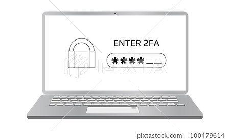 Concept of 2FA two-factor authentication on laptop screen isolated on white. Password field and padlock. Protecting your money. Unlocking via mobile phone. Vector illustration. 100479614