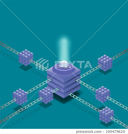 Blockchain technology isometric concept with copy space over spotlight. Composite cubes hanging on chains. Vector illustration. Blockchain technology isometric concept with copy space over spotlight. Composite cubes hanging on chains. Vector illustration. 100479620