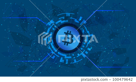 Bitcoin token symbol in a digital circle with a cryptocurrency theme on a blue background. BTC coin icon. Digital gold for website or banner. Copy space. Vector EPS10. 100479642