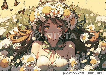 Pretty girl with a flower crown, sitting in a field of daisies and surrounded by butterflies, manga style illustration generative ai Pretty girl with a flower crown, sitting in a field of daisies and surrounded by butterflies, manga style illustration generative ai 100481099