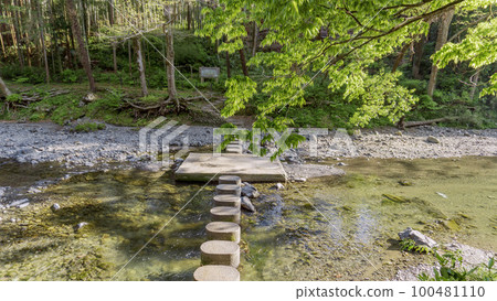 Doremifa Bridge in Azumakyo made of stepping stones / Hanno City, Saitama Prefecture 100481110