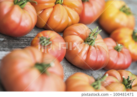 Vegetables, Tomatoes, on desk in garden Vegetables, Tomatoes, on desk in garden 100481471