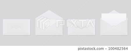 Realistic envelope. Design template for mockup. Opened and closed realistic mockup. Blank stationery letter folded and unfolded view. White paper envelopes for office document or message Realistic envelope. Design template for mockup. Opened and closed realistic mockup. Blank stationery letter folded and unfolded view. White paper envelopes for office document or message 100482564