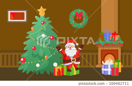 Merry Christmas Santa Claus Holding Presents Tree 100482711