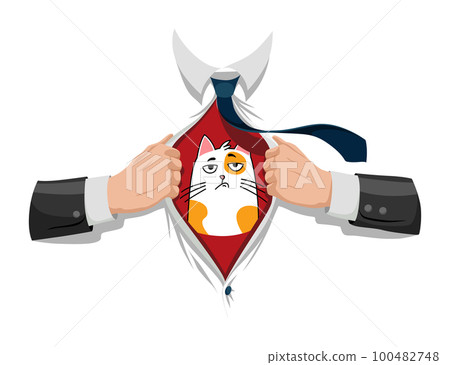 Opening shirt superhero. Office worker or businessman tearing his shirt to show symbol in flat cartoon style. Business success concept in pop art comic style. Vector illustration Opening shirt superhero. Office worker or businessman tearing his shirt to show symbol in flat cartoon style. Business success concept in pop art comic style. Vector illustration 100482748