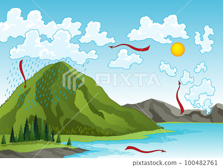 Water cycle diagram. Earth hydrologic process. Environmental circulation scheme with rain precipitation, cloud condensation, evaporation and runoff collection. Cycle water in nature environment 100482761