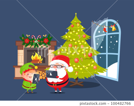 Santa and Eve with Tablets near Fireplace Vector 100482766