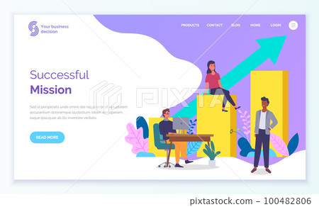 Site template. Employees work, communicate. Huge conceptual bar chart. Woman sits on volumetric form 100482806
