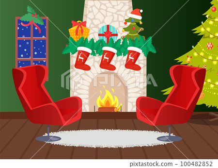 Fireplace Decorated with Socks and Reindeer Print 100482852