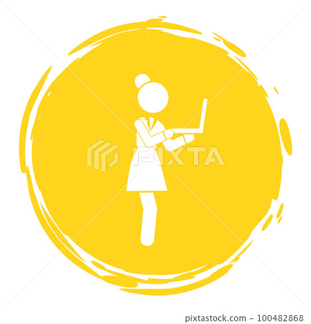Businesswoman with laptop in hands, looking at screen, yellow circle logo, stamp concept, silhouette 100482868