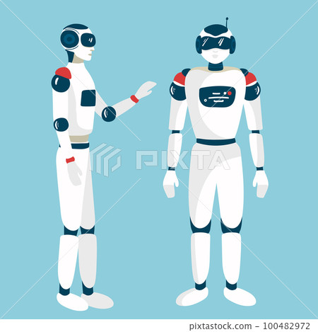 Alien robots, future technology cartoon characters. Robotic life forms, futuristic machines or cyborgs workers with artificial intelligence, claws on hands and glowing neon eyes vector 100482972