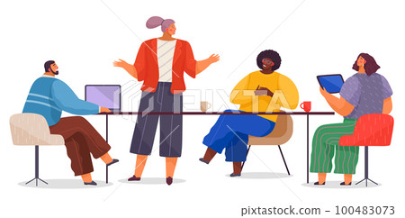 Office workers. Co-workers. Colleagues discuss project teamwork. Office staff work and communication 100483073