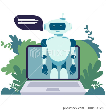 Robot online assistance and machine learning. Flat vector illustration of futuristic robot working with laptop for coding or developing project. Chatbot texting and supporting customers in live chat 100483128