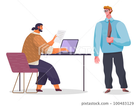 Office workers. Co-workers. Colleagues discuss project teamwork. Office staff work and communication 100483129